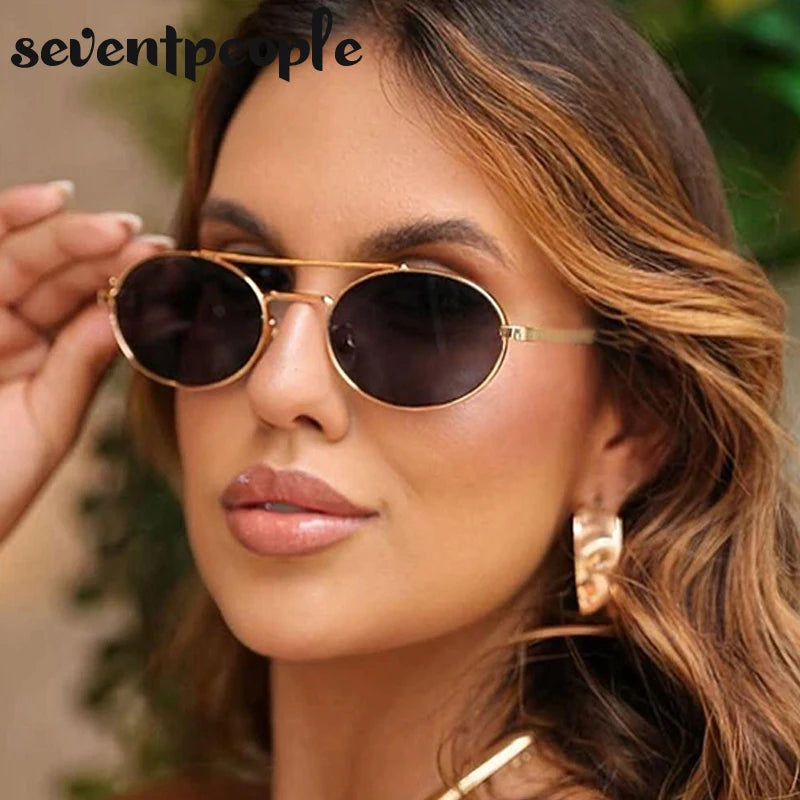 Small Oval Metal Frame Steampunk Sunglasses For Women 2025 Luxury Brand Vintage Double Beam Shades Classic Round Punk Eyewear