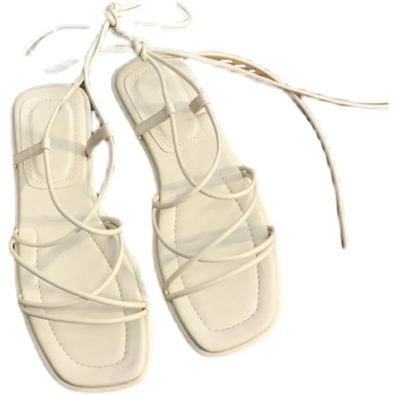 Summer Slippers Women Sandals Narrow Vintage Square Toe Flat Cross Strap Thong Sandals V Shape Design Shoes Women Plus Size43