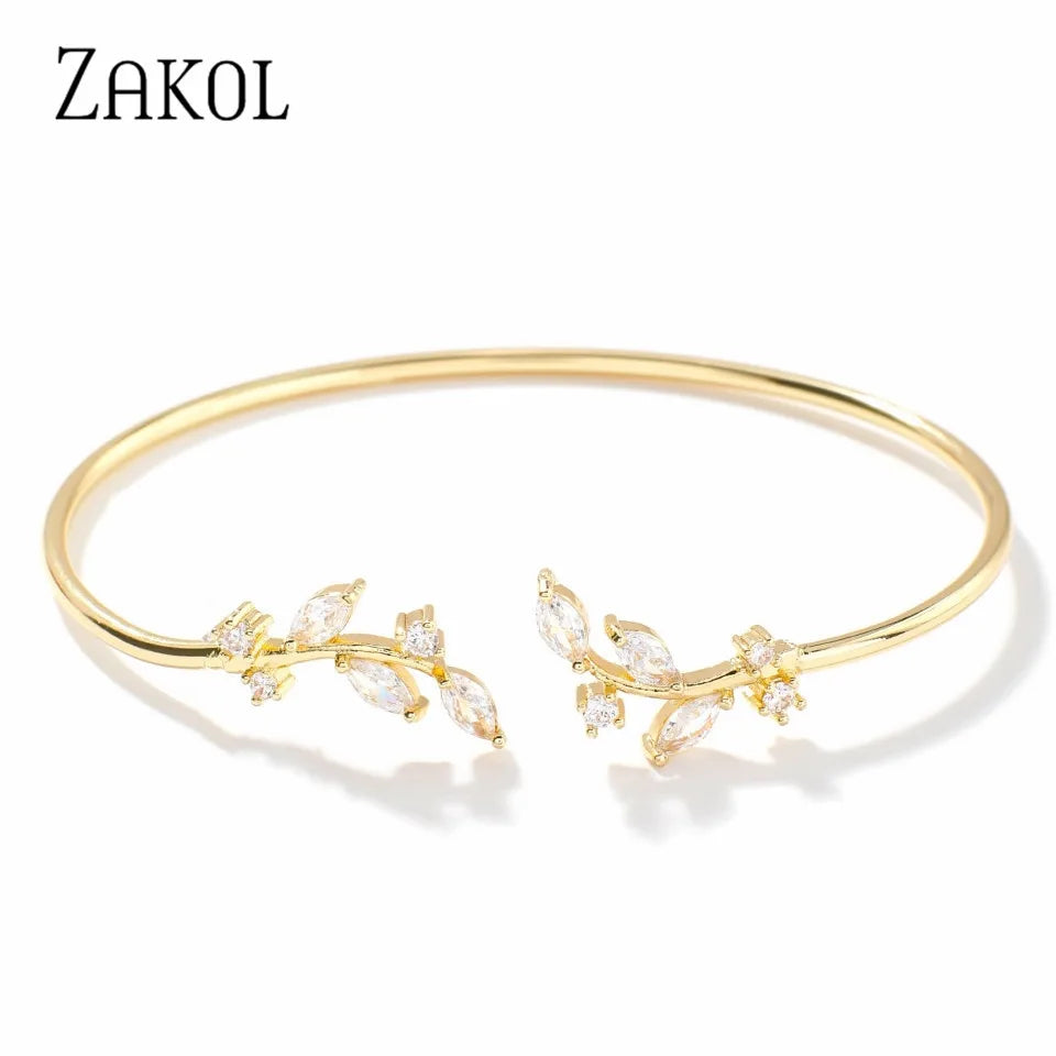 ZAKOL Fashion Cubic Zirconia Leaf Decor Gold Color Thin Cuff Open Bangles For Women Trendy Daily Wear Jewelry Wholesale