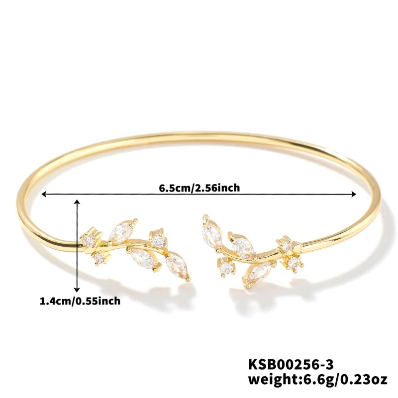ZAKOL Fashion Cubic Zirconia Leaf Decor Gold Color Thin Cuff Open Bangles For Women Trendy Daily Wear Jewelry Wholesale