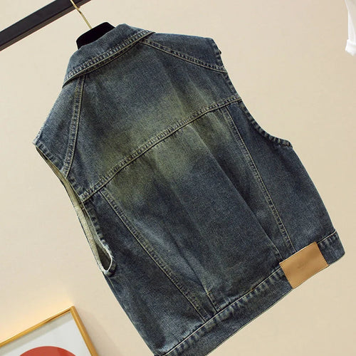 2025New Spring Autumn Vintage Lapel Denim Vest Woman Single Breasted Slim Short Jackets Female Tops Jean Waistcoat Chaleco Mujer