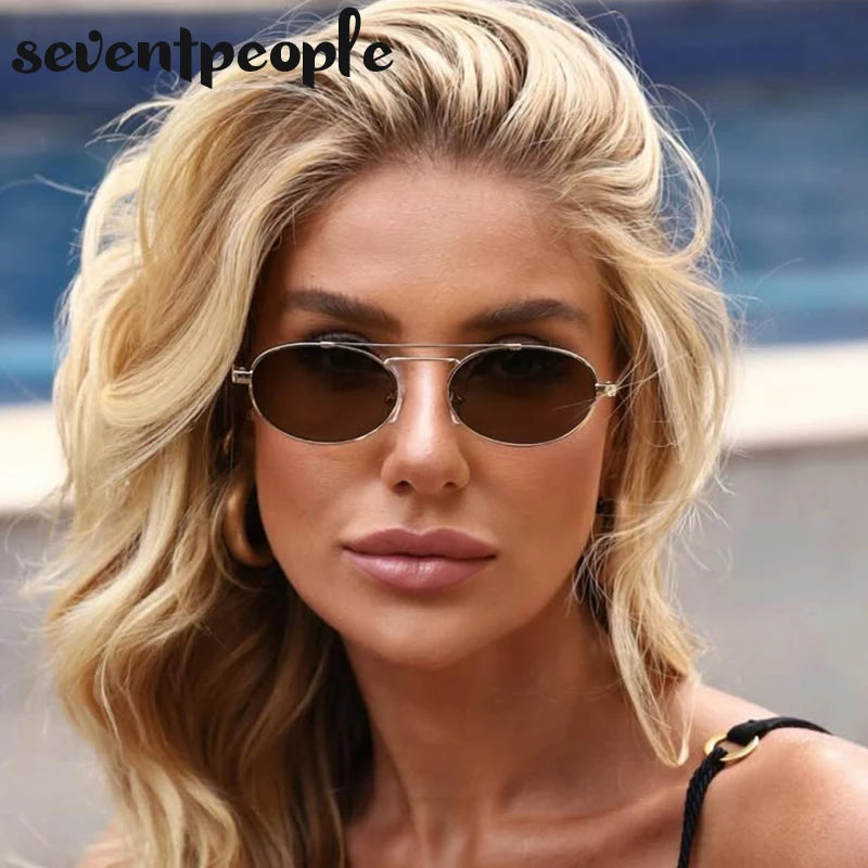 Small Oval Metal Frame Steampunk Sunglasses For Women 2025 Luxury Brand Vintage Double Beam Shades Classic Round Punk Eyewear