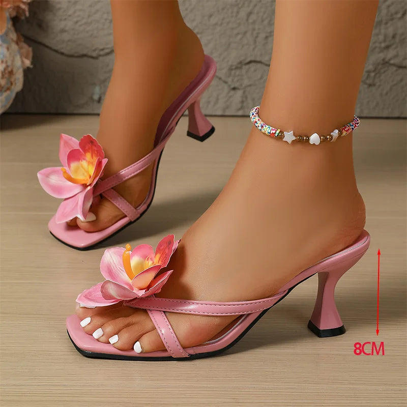 Pink Flower High Heels Sandals for Women Fashion Pu Leather Cross Band Party Shoes 2025 Summer Thin Heeled Square Toe Shoes