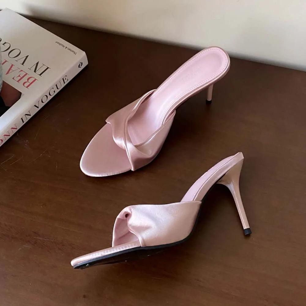Women's High Heels Mules Dress Sandals Satin Slippers Round Open Toe Slip On Party Prom Wedding Bridal Shoes Stiletto Heel 8cm