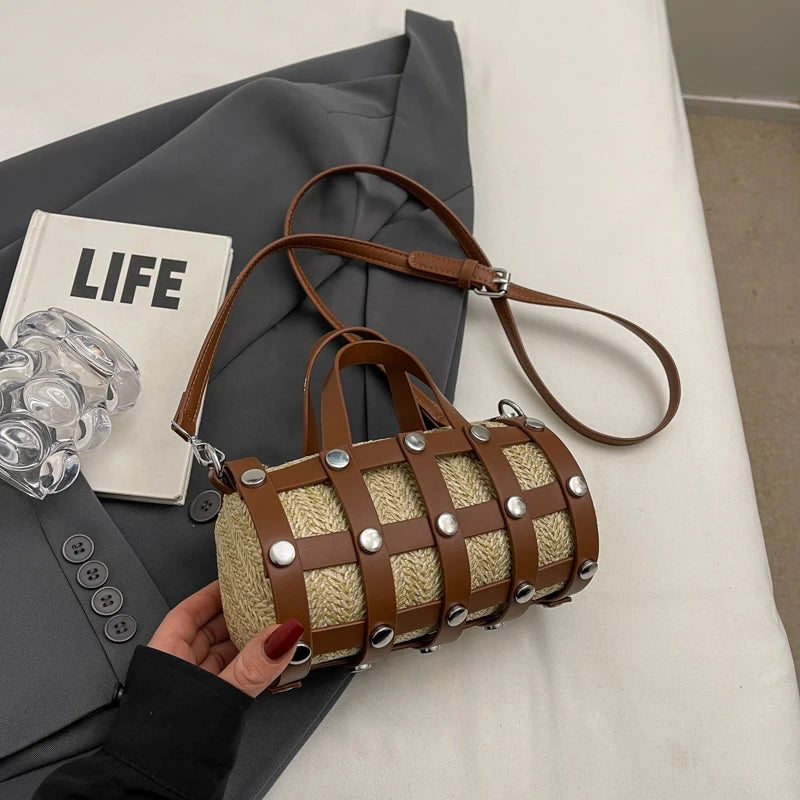 Retro Rivet Crossbody Bag For Women 2024 Boho Hollow Out Straw Bag Handbag Lady Girls Shoulder Phone Purse Small Round Bag Black