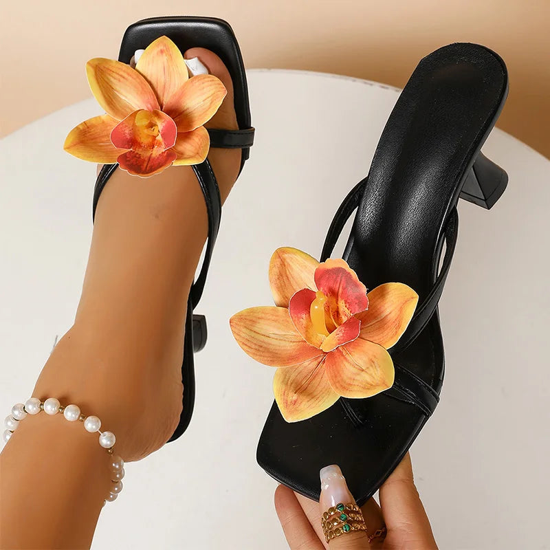 Pink Flower High Heels Sandals for Women Fashion Pu Leather Cross Band Party Shoes 2025 Summer Thin Heeled Square Toe Shoes