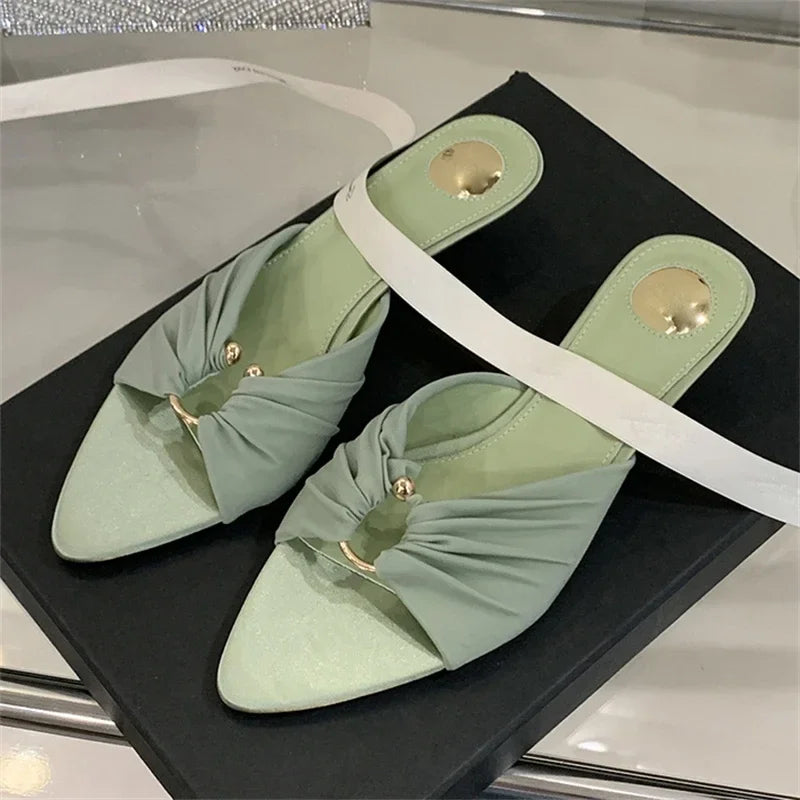 Aneikeh Sexy Thin Low Heels Slipper Women Fashion Pleated Metal Buckle Hollow Out Pointed Toe Slides Party Sandals Mules Shoes