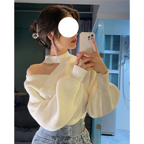2024 New Halter Neck Off-the-shoulder Cropped Sweater Women's Autumn/winter Outerwear Waist-fitted Korean Knitted Top Sleeve