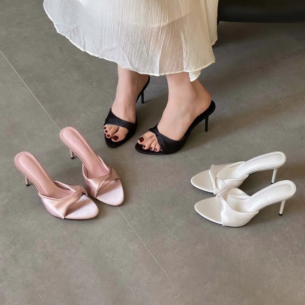Women's High Heels Mules Dress Sandals Satin Slippers Round Open Toe Slip On Party Prom Wedding Bridal Shoes Stiletto Heel 8cm