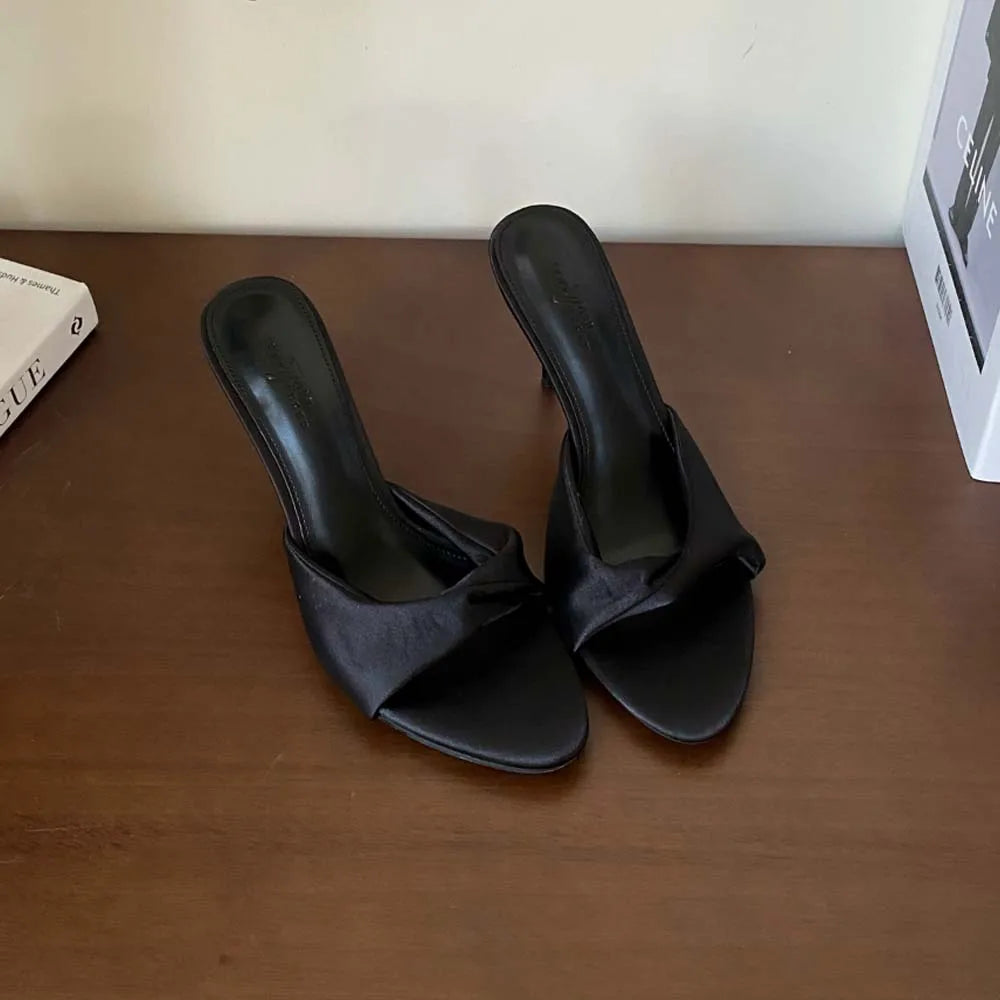 Women's High Heels Mules Dress Sandals Satin Slippers Round Open Toe Slip On Party Prom Wedding Bridal Shoes Stiletto Heel 8cm