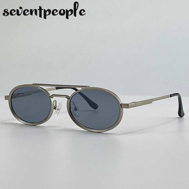 Small Oval Metal Frame Steampunk Sunglasses For Women 2025 Luxury Brand Vintage Double Beam Shades Classic Round Punk Eyewear