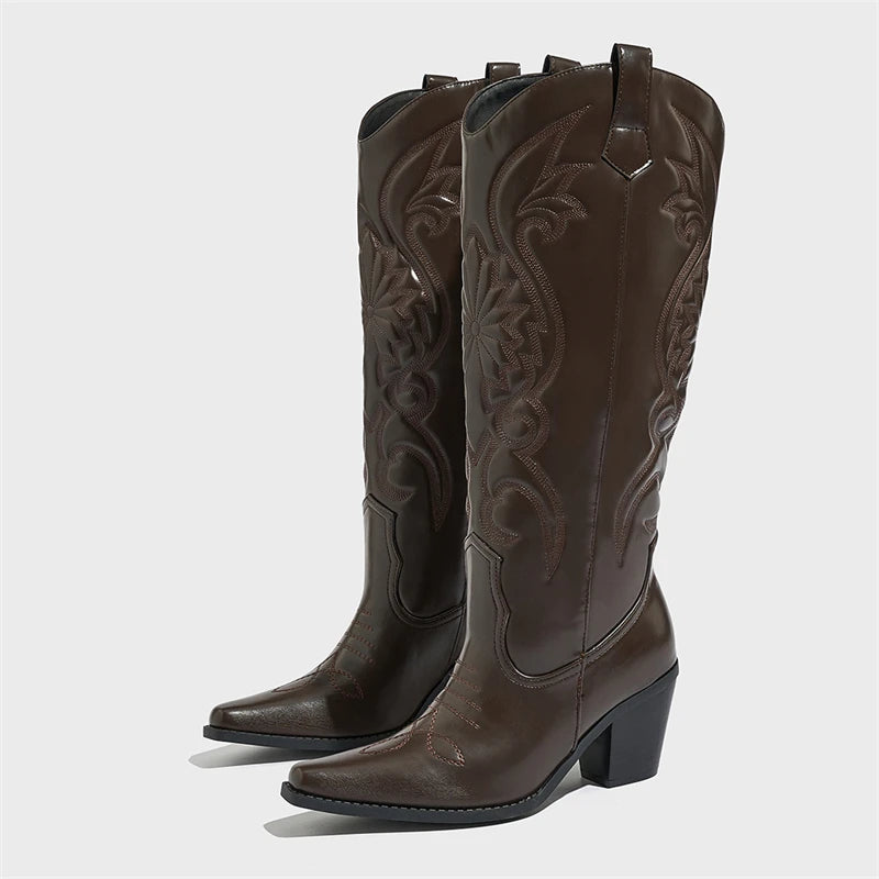 Aneikeh Comfort  PU Leather Crocodile Pattern Knee-High Boots Spring/Autumn Pointed Thick Heel Sewing Side Zipper Boots Women's