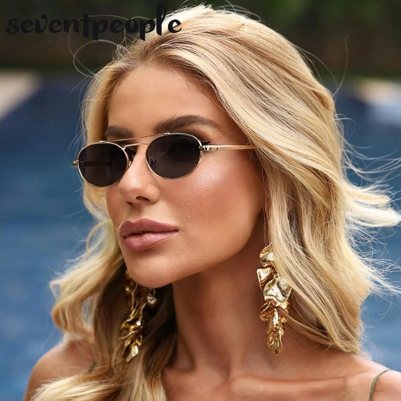 Small Oval Metal Frame Steampunk Sunglasses For Women 2025 Luxury Brand Vintage Double Beam Shades Classic Round Punk Eyewear