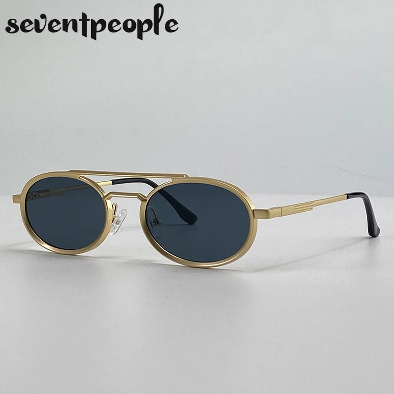 Small Oval Metal Frame Steampunk Sunglasses For Women 2025 Luxury Brand Vintage Double Beam Shades Classic Round Punk Eyewear